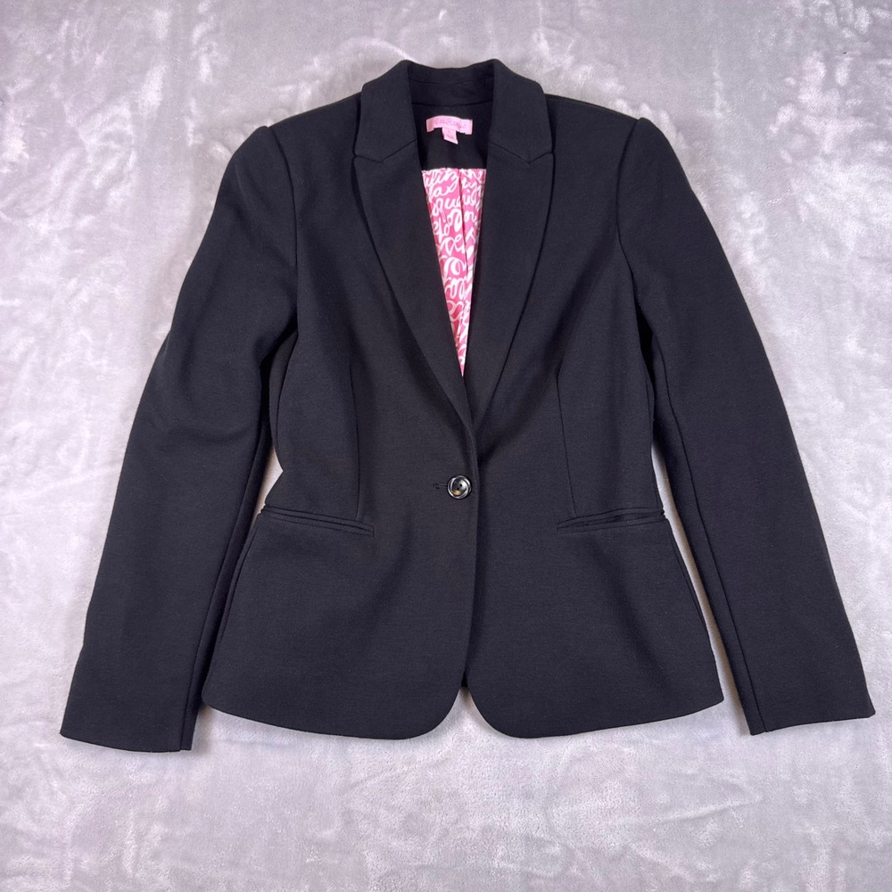 Lilly Pulitzer Black Knit Blazer Single Button Pink Script Lining Women Size 2